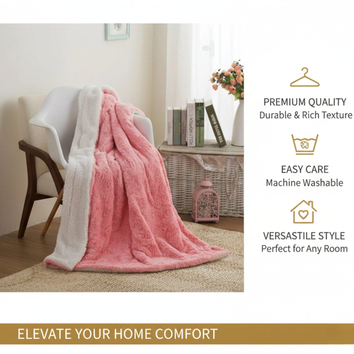 Pink Rose Sherpa Throw Blanket